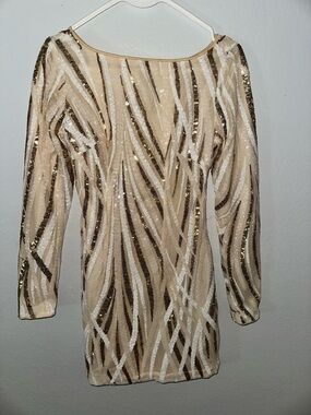 SHEIN Beige Long Sleeve Sequin Stripe Dress